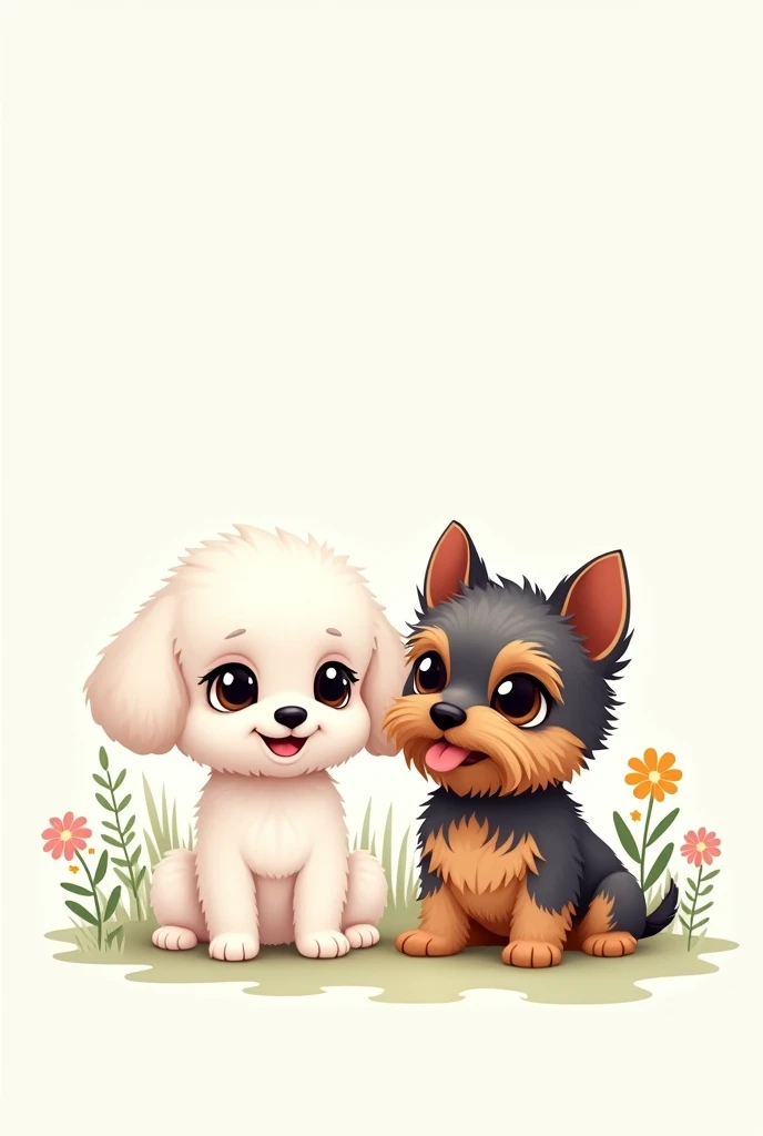 Prompt for illustration:
styled: Chibi Characters:
Little puppies:
White Poodle with Black Eyes.
Yorkshire with short, bristly hair and erect ears. Brown fur with some black and gray. She is a little smaller than the poodle.
Scenario: White background with subtle nature elements, like green leaves, small shrubs and maybe some flowers.