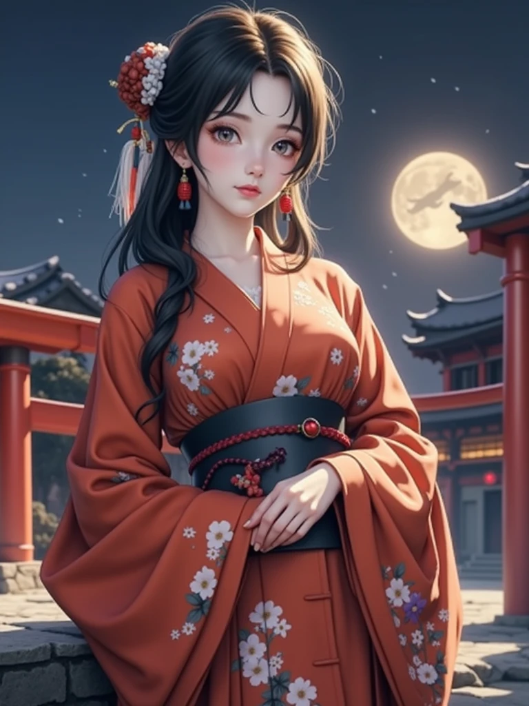 (Highest quality、masterpiece、High resolution、8K)、Vibrant colors、Japanese Festivals、Digital Art、City of night、Midsummer evening、A beautiful full moon in the distance、A beautiful girl in a yukata、