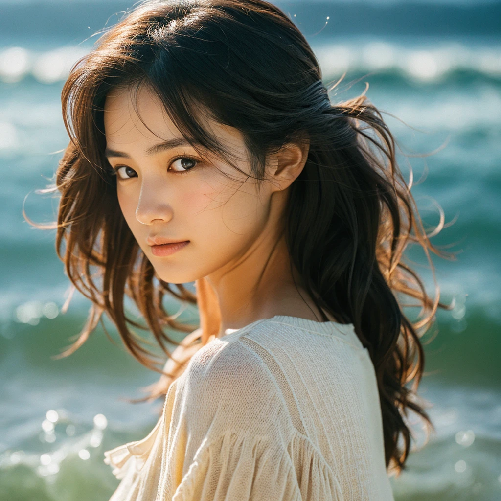 A hyper-realistic image of a single Japanese woman in her early 20s, captured with the nostalgic warmth and pronounced graininess of a film camera, showing her from the shoulders up as she stands on a sunlit beach. Her skin has a warm beige tone with a natural, visibly rough texture that includes pronounced pores, fine lines, and subtle imperfections such as small blemishes, slight unevenness, and a hint of sun exposure, contributing to the authenticity of her appearance. The texture of her skin is intentionally less smooth, with a tangible roughness that enhances the realism, making the surface appear slightly weathered by the elements. The soft, diffused natural light illuminates her face and shoulders with a gentle touch, casting shadows that subtly reveal the unevenness of her skin. Her straight, glossy black hair flows naturally in the ocean breeze, framing her face, and her deep brown eyes reflect the soft sunlight and the shimmering sea. The film camera effect amplifies the grain and texture, creating a warm, nostalgic atmosphere while maintaining the deliberately rougher, less polished texture of her skin. The composition, focused on her upper body, captures the serene elegance of the beach setting, highlighting the natural interaction of light and shadow on her skin. This combination of a rough, realistic skin texture, soft natural light, and the grainy film-like qualities ensures that the image presents an authentic, lifelike portrayal of the woman, centered on her face and shoulders.