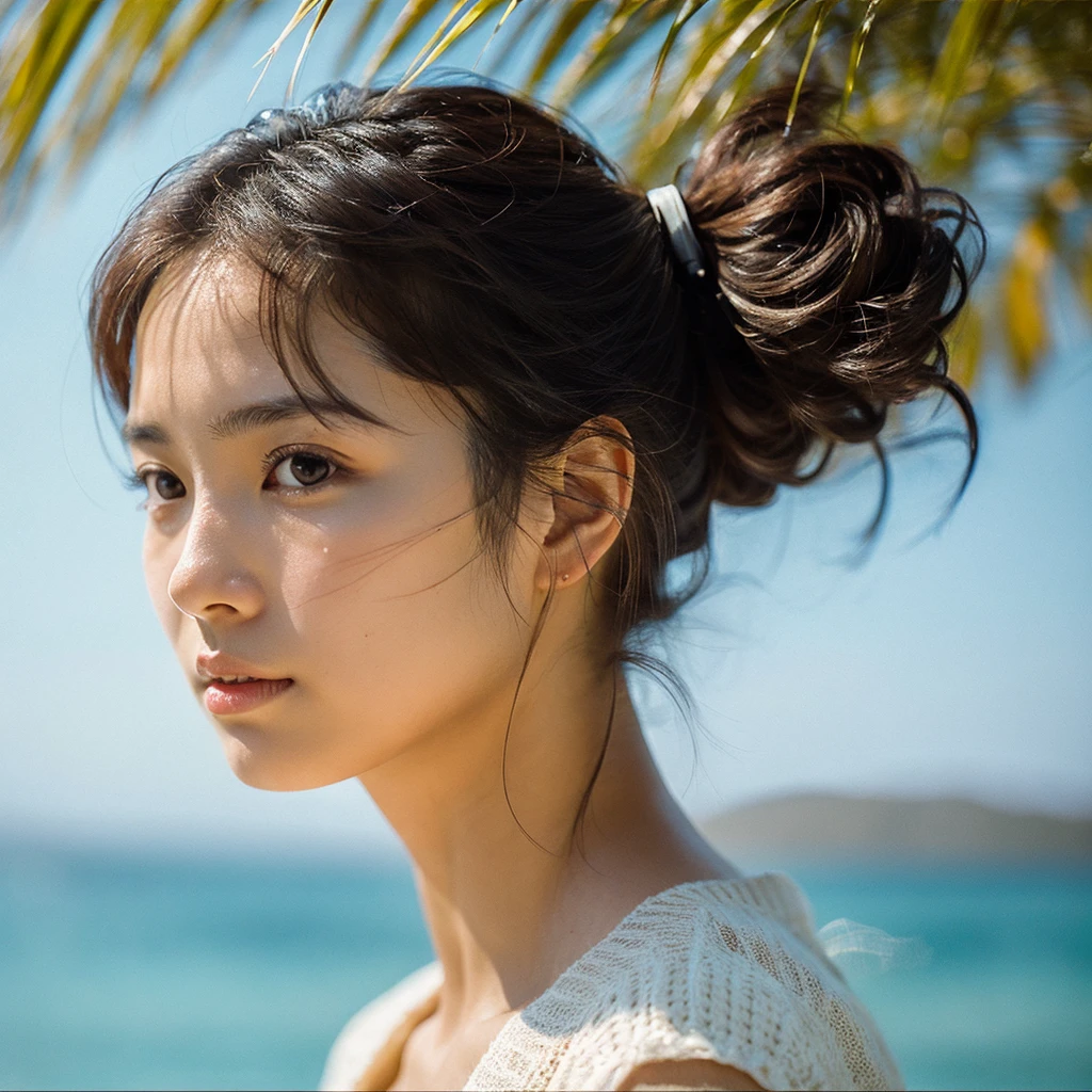 A hyper-realistic image of a single Japanese woman in her early 20s, captured with the nostalgic warmth and pronounced graininess of a film camera, showing her from the shoulders up as she stands on a sunlit beach. Her skin has a warm beige tone with a natural, visibly rough texture that includes pronounced pores, fine lines, and subtle imperfections such as small blemishes, slight unevenness, and a hint of sun exposure, contributing to the authenticity of her appearance. The texture of her skin is intentionally less smooth, with a tangible roughness that enhances the realism, making the surface appear slightly weathered by the elements. The soft, diffused natural light illuminates her face and shoulders with a gentle touch, casting shadows that subtly reveal the unevenness of her skin. Her straight, glossy black hair flows naturally in the ocean breeze, framing her face, and her deep brown eyes reflect the soft sunlight and the shimmering sea. The film camera effect amplifies the grain and texture, creating a warm, nostalgic atmosphere while maintaining the deliberately rougher, less polished texture of her skin. The composition, focused on her upper body, captures the serene elegance of the beach setting, highlighting the natural interaction of light and shadow on her skin. This combination of a rough, realistic skin texture, soft natural light, and the grainy film-like qualities ensures that the image presents an authentic, lifelike portrayal of the woman, centered on her face and shoulders.