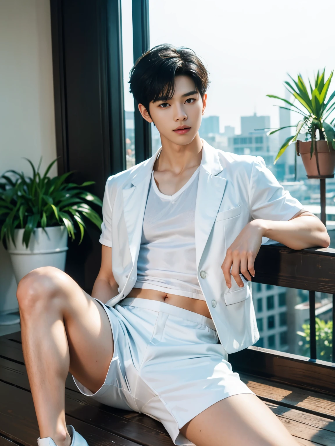 (A asian pretty Boy, cute boy, Nude posing:1.1), (absurdres, realistic, masterpiece:1.2), RAW photo, best quality, 8K,1boy, ulzzang boy, chinese idol, very handsome, perfect face, intricate detail, Extremely detailed, (photorealistic:1.5), professional photography, Bright colors, Clear focus, young, slender, muscular, slim muscular, (perfect hands, 5 fingers) , Comb-over hairstyle, Black short hair, clear and beautiful detailed eyes, perfect eyes, Playful expression, soft skin, detailed skin, spread legs, looking at viewers, detailed highlights and shadows, Excellent body proportions, Correct anatomy, male focus, (Topless, open transparent tulle jacket:1.2), (white short pants:1.5), Potted plants, flowers, (roof, Skyscraper, balcony:1.1), Glass Wall, Studio Lighting, gentlesunlight, Cinematic Lighting, Warm colors, full-body shot,