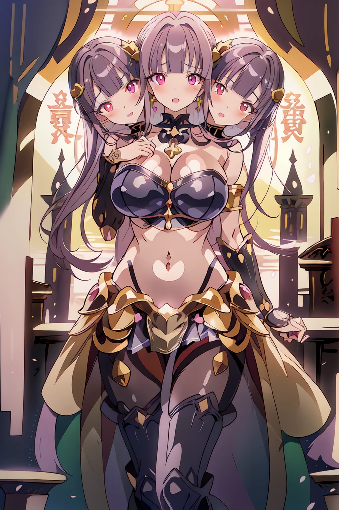 1girl, olnarberal, long hair,  blush, lipstick, jewelry, earrings, masterpiece, best quality, highly detailed, fantasy , a anime girls in armored dress holding a sword, (3heads:1.5), open belly, very huge breasts, (very beautiful eyes:1.5), (very detailed eyes:1.5), three headed girl,
posing for a picture, evil smile, smile, open mouth, breastplate with open cleavage, cleavage, warrior
outfit, ecchi anime style, anime girls, ecchi style, (nsfw) not safe for work, ecchi, digital anime art!!, in
anime style, official artwork, visual novel cg, beautiful anime girl, anime style 4 k , loincloth, exposed
belly, exposed navel, exposed midriff, exposed lower belly, pencil skirt armored, castle,inside castle