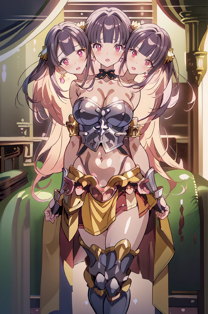 1girl, olnarberal, long hair, blush, lipstick, jewelry, earrings, masterpiece, best quality, highly detailed, fantasy , a anime girls in armored dress holding a sword, (3heads:1.5), open belly, very huge , (very beautiful eyes:1.5), (very detailed eyes:1.5), three headed girl,
posing for a picture, evil smile, smile, open mouth, breastpith open cleavage, clearrior
outhi anime style, anime girlchi style, (nsfw) not safe for wecchi, digital anime art!!, in
anime stofficial artwork, visual novel cg, beautiful anime girl, anime style 4 k , loincloth, exposed
belly, exposed navel, exposed midriff, exposed lower belly, pencil skirt armored, castle,inside castle