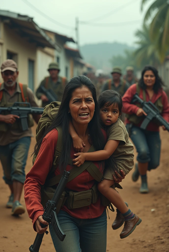 hyper realistic image (style) Forced displacement in Colombia People being threatened by armed groups. That weapons are seen and that they are forced to leave and that armed groups are also seen