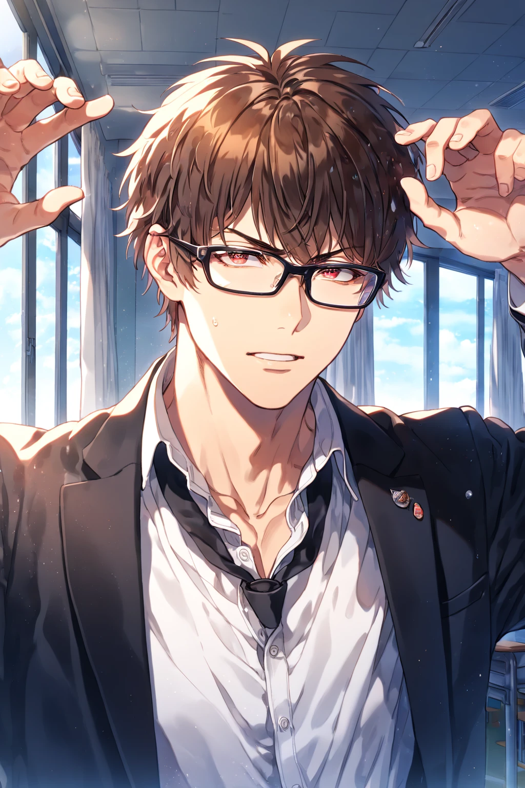 absurdres, highres, ultra detailed, HDR, master piece, Miyuki Kazuya, brown hair, expressive amber eyes, black glasses, black jacket, white shirt, black necktie, Diamond No Ace, sexy man, handsome, best quality, fantasy, magical, solo, sensual, classroom, window, curtains, blue sky, manly man,