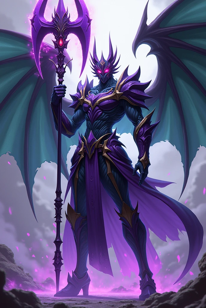 Un personnage d'anime qui a un corps violet et des yeux rouges, et qui a des ailes de dragon vert, et qui porte une armure vert et violet, et il tient une hache qui fait une taille de 660 000 centimètres. Et la hache est entourée d'une énergie violet poussante.