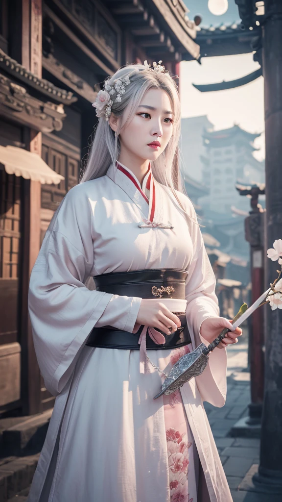 masterpiece, Highest, night, full moon, 1 female, Mature Woman, Chinese style, ancient China, sister, Royal Sister, Cold Face, Expressionless, A woman with long silvery white hair, Pale pink lips, Calm, intellectual, Three belts, Gray Hitomi, assassin, dagger, Flower ball background, Street view