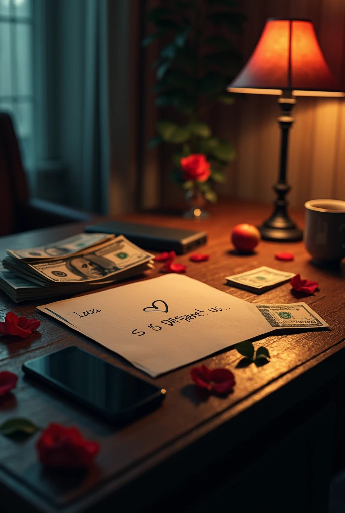 Create an image with a dramatic atmosphere, a table and a lamp, with lots of money bills, a cell phone with a notification, a handwritten letter with a broken heart and a rose with petals on the side