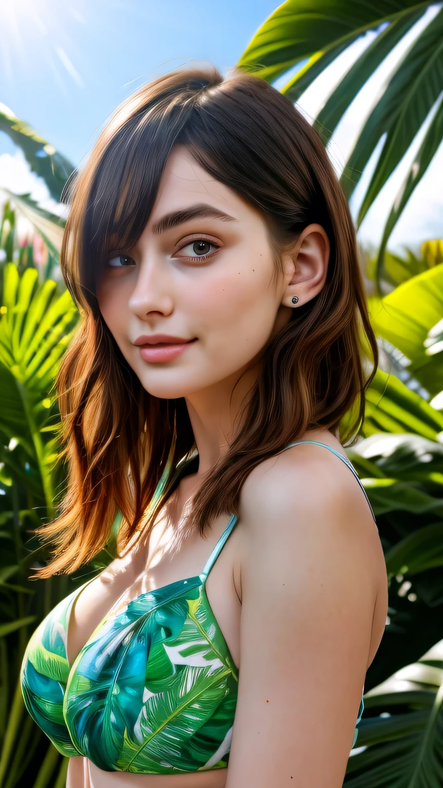 Ultra-realistic scenes, Parallel world, God-like tropical exotic plants, cult, Tropical flowers, Unusual art, Unique art, Summer blue sky background, sunlight, bright sunlight, Blender, Product Rendering, High quality 8K. 1girl, Cute 1 girl､White garter set､((Upper body portrait))､Upper body portrait､masterpiece, 最high quality, high quality, High resolution, super big breasts sexy､(Hairstyle_random)
