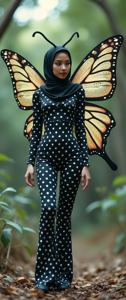 The most beautiful,thin,most pretty and clever Malaysian muslimah adult girl wears butterfly lycra turtleneck unitard catsuit covered with white polkadots with a pair of wings.She always wear lycra dancewear stretchy hijab covered with many white polkadots with a pair of long antennae.