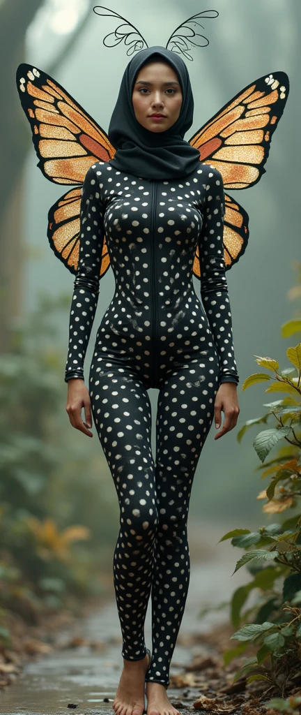 The most beautiful,thin,most pretty and clever Malaysian muslimah adult girl wears butterfly lycra turtleneck unitard catsuit covered with white polkadots with a pair of wings.She always wear lycra dancewear stretchy hijab covered with many white polkadots with a pair of long antennae.