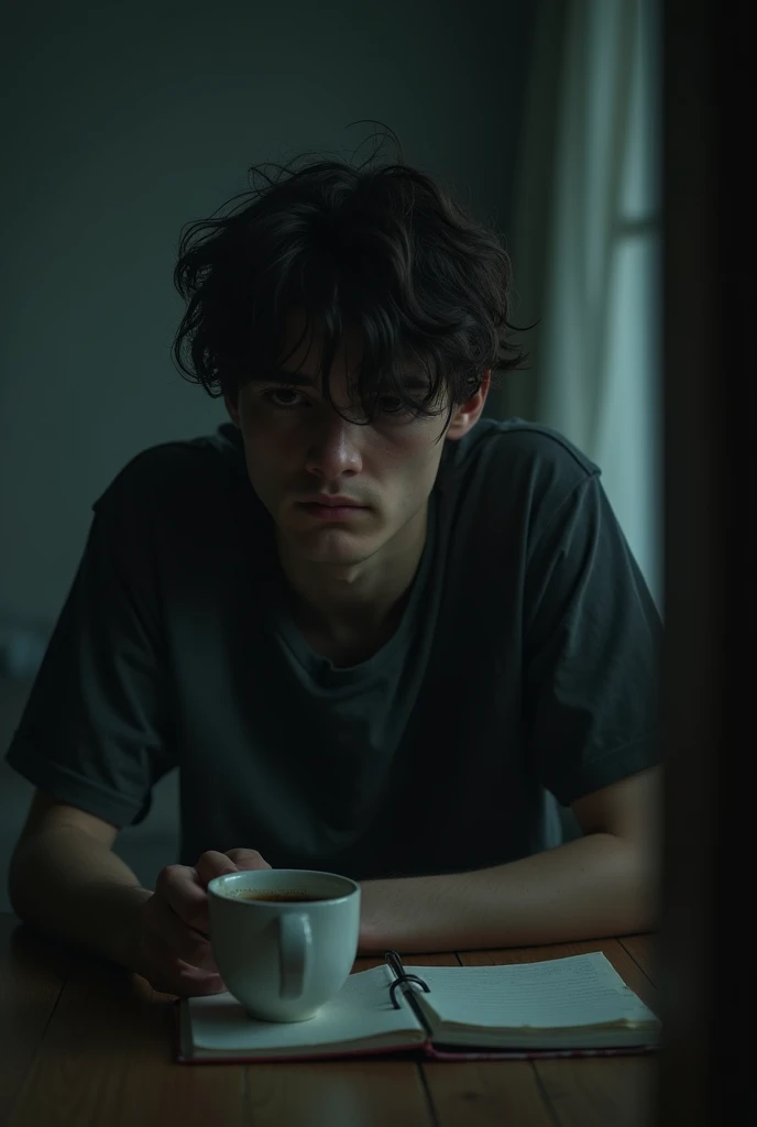 Realistic photo of Lucas, a young man mired in depression due to past traumas