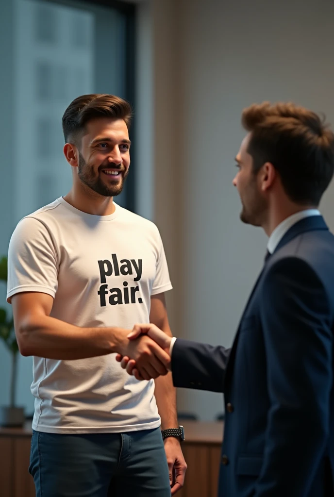Make me a picture of a person with a t-shirt that says "play fair" I'm shaking hands with Riestra's technical director