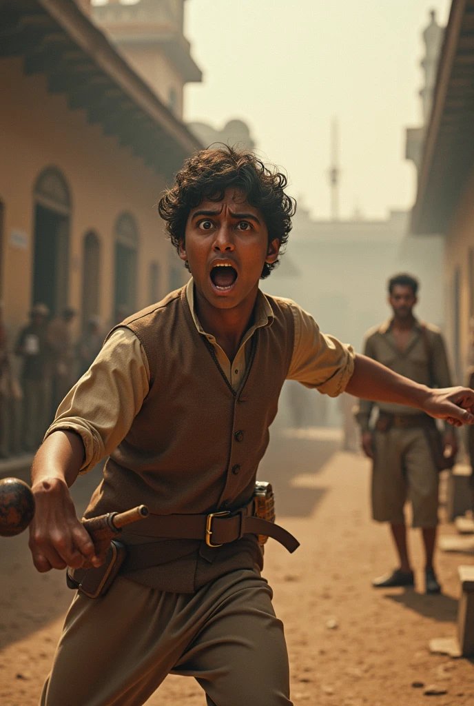 A humorous scene of Khudiram tossing a bomb but slightly missing his target, with an exaggerated "Oops!" expression on his face, a British magistrate far in the background. generate Historical images of ratio 9:16 looks realistic