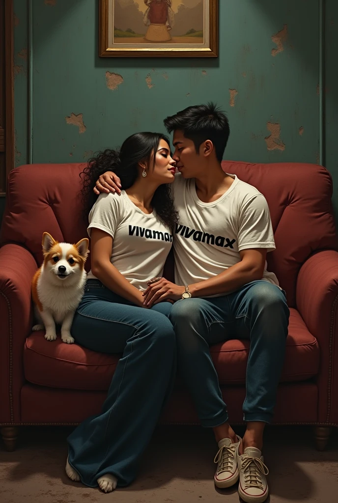 latina  girl and chinese boy hot couple, both flirty in couch hugging with couple shirt with text "Vivamax" ,  dark dirty, delusional sitting in a  couch apart, one is lying down the lap , with shih tzu dog and corgi dog