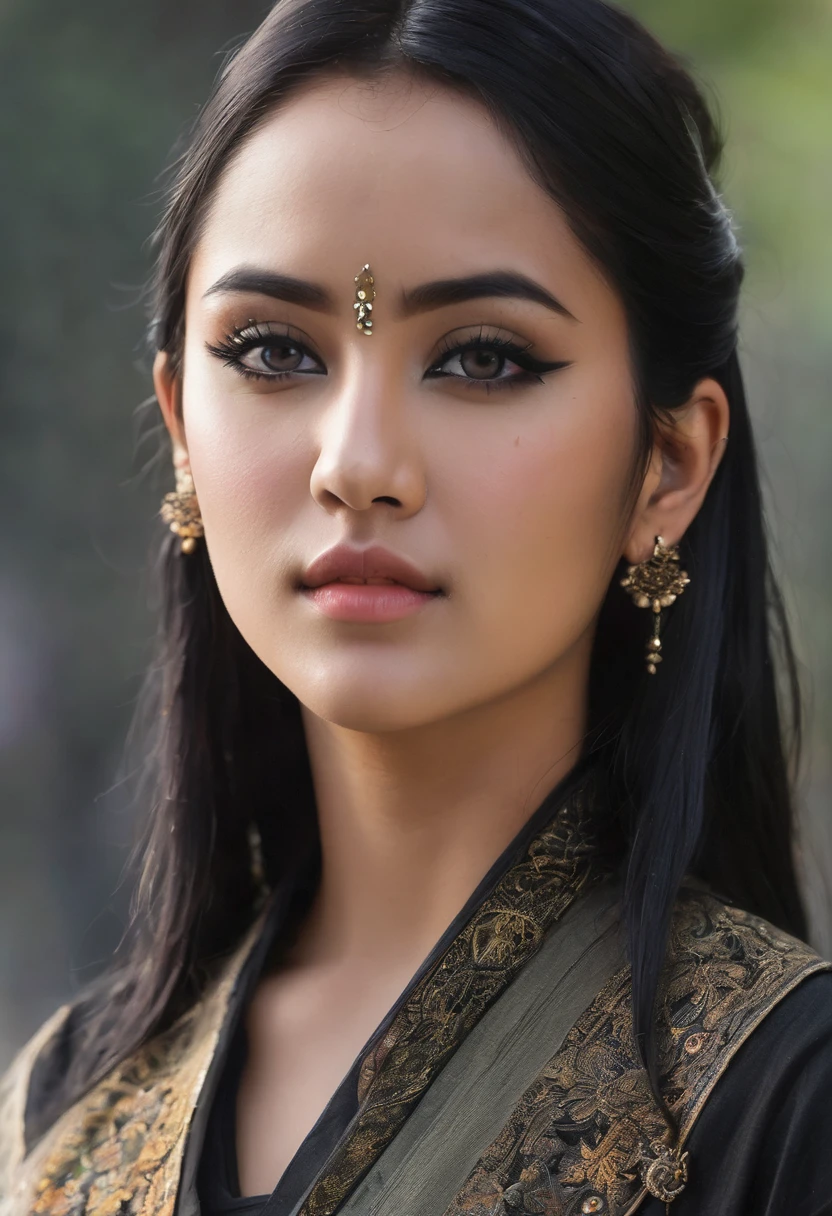 Girl with semi-long black hair, skin between white and brown, with a voluptuous and marked body, Dark brown semi-slanted eyes with an intense and mocking look and slight dark circles, about 1m tall,60cm. With a piercing (SEPTUM) on the nose, small but full lips, forehead neither too big nor too small. Black and marked clothing. 