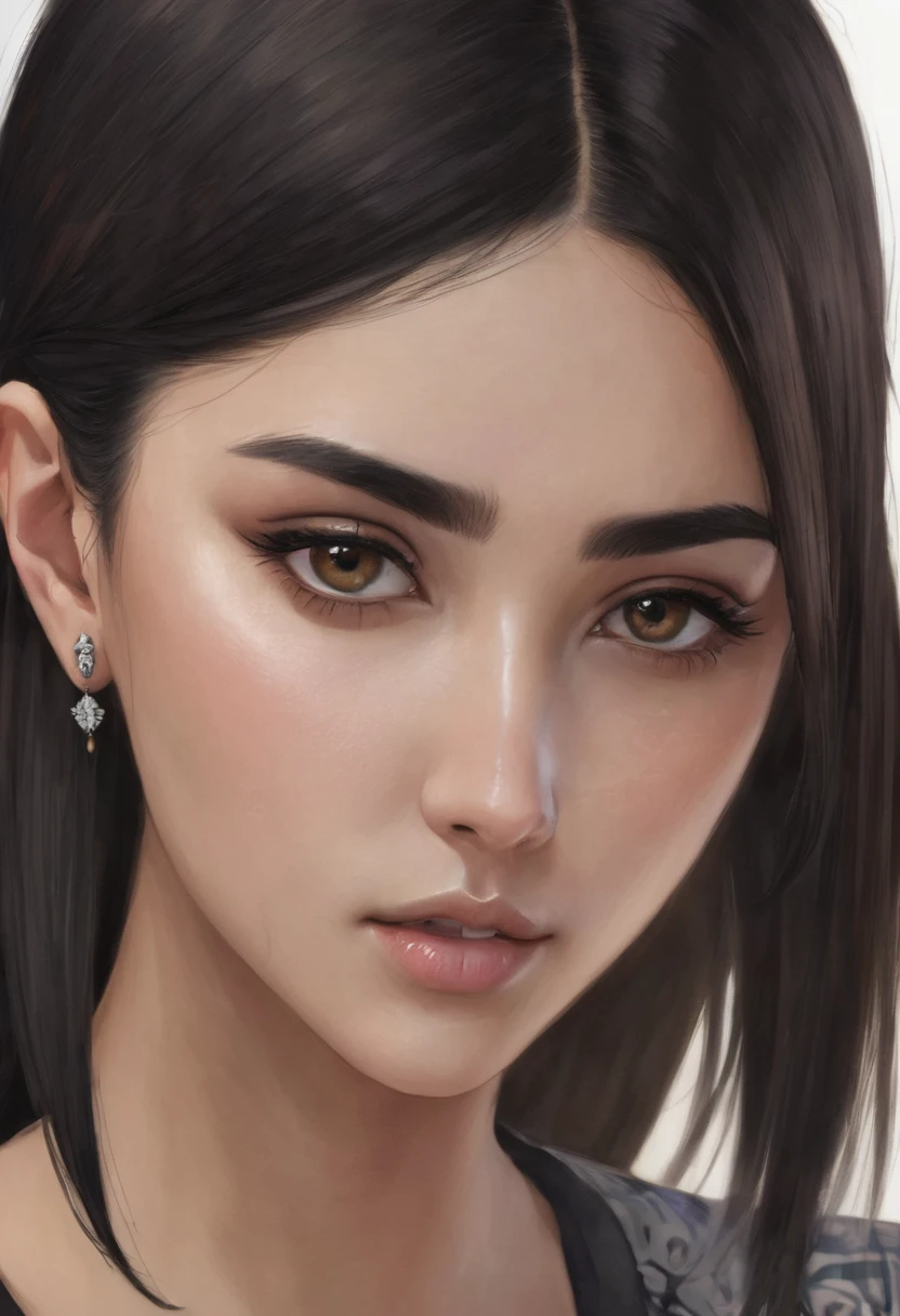 Girl with semi-long black hair, skin between white and brown, with a voluptuous and marked body, Dark brown semi-slanted eyes with an intense and mocking look and slight dark circles, about 1m tall,60cm. With a piercing (SEPTUM) on the nose, small but full lips, forehead neither too big nor too small. Black and marked clothing.