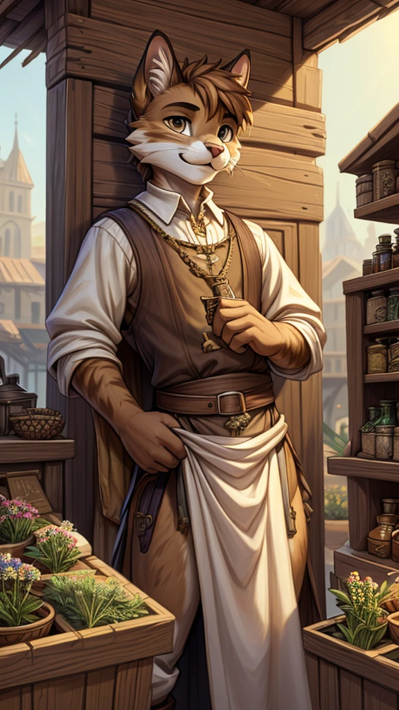 (very detailed illustration: 1.2), best quality, masterpiece, solo, natural lighting, a young cat boy, wearing medieval era merchant clothes, he has fur all over his body, his fur is brown with white, he has a dagger on his right waist, he is in his own market stall, he is in a big city, he sells medicinal herbs at his stand.