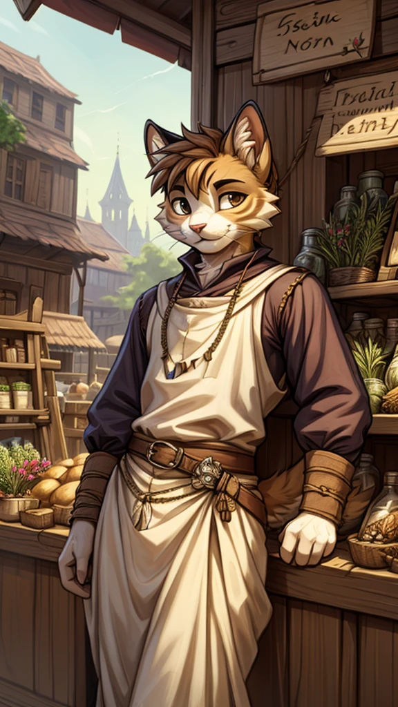 (very detailed illustration: 1.2), best quality, masterpiece, solo, natural lighting, a young cat boy, wearing medieval era merchant clothes, he has fur all over his body, his fur is brown with white, he has a dagger on his right waist, he is in his own market stall, he is in a big city, he sells medicinal herbs at his stand.