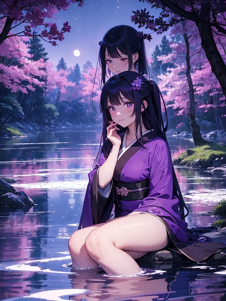 A beautiful elegant woman in a purple kimono, sitting by a calm lake under a night sky, her purple eyes gazing out over the still water, the moon casting a gentle light through the thick canopy of trees surrounding the lake, shadows dancing across the water creating an otherworldly reflection, the woman serenly dipping her toes into the cool water, enjoying the cold touch against her skin in the moonlit brightness, in a vibrant, anime-style painting