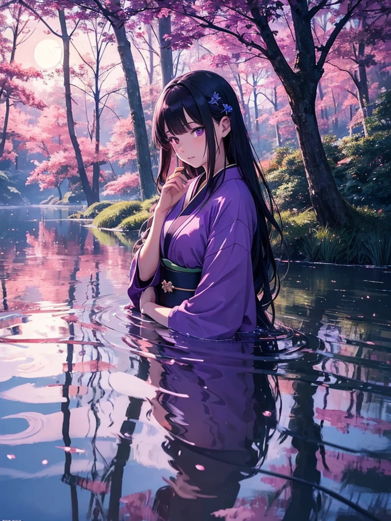 A beautiful elegant woman in a purple kimono, sitting by a calm lake under a night sky, her purple eyes gazing out over the still water, the moon casting a gentle light through the thick canopy of trees surrounding the lake, shadows dancing across the water creating an otherworldly reflection, the woman serenly dipping her toes into the cool water, enjoying the cold touch against her skin in the moonlit brightness, in a vibrant, anime-style painting