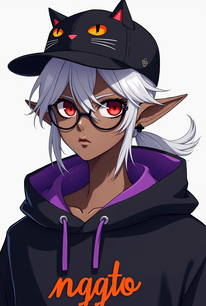young man, Black skin tone, dark red eyes, elf ear small size, black earring in the shape of a cross but with two ears, wears prescription glasses, White hair, hair tied with ponytail, 2 strands of hair in the front, wears a black cap with a cat face, wears a closed hood with two different colors, black on one side and purple on the other, with an orange name written: NGGTO
