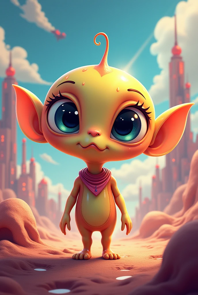 A cartoon alien, cute and silly, made for an ads