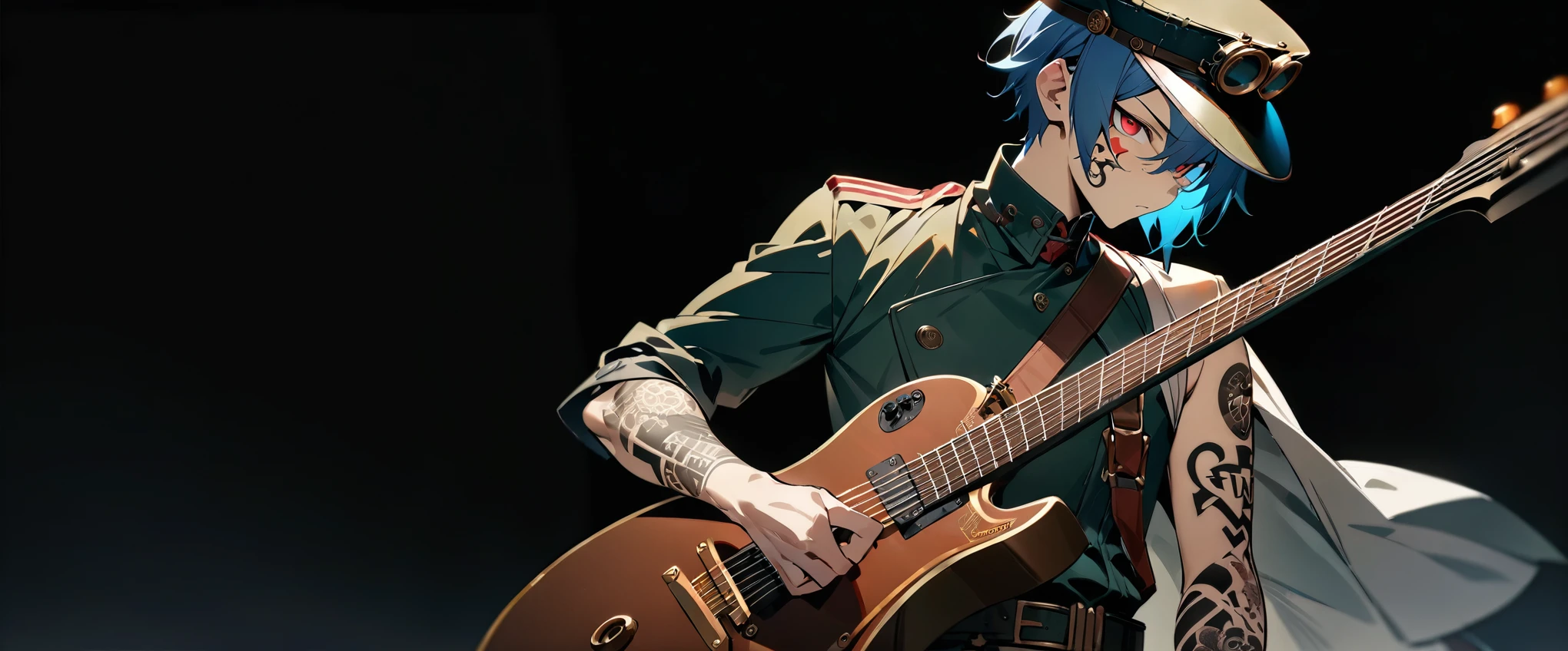 (((masterpiece,Highest quality))),((A male anime character with short blue hair, red eyes and wearing a military uniform with visible tattooed upper arms holding a guitar)),((Steampunk-style electric guitar)),((Steampunk-style electric guitarを持って立っている)),(((Steampunk style small military hat,Tattoos on the right side of the face and on the arm))),(((Black Background))),alone,Focus on the whole body,(high quality),アニメ