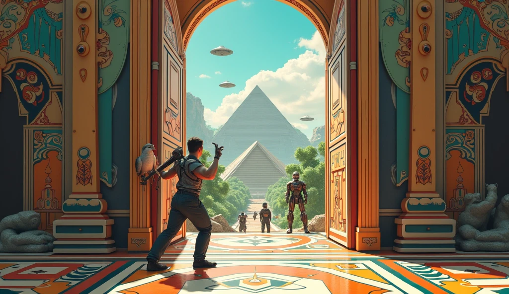 Un homme avec des vêtements futuristes pousse des deux mains des portes futuristes  avec des figures géométriques de couleurs différentes sur la porte et devant lui une pyramide avec de l'herbe et des animaux ,le tout ressemblent à la peinture que j'ai publié et un robot et à côté devant une des portes et le personnage caucasien avec un Péroqué sur l'épaule et un aspect baroque est légèrement ajouté une soucoupe volante est ajouté et un extra terrestre petit gris. 