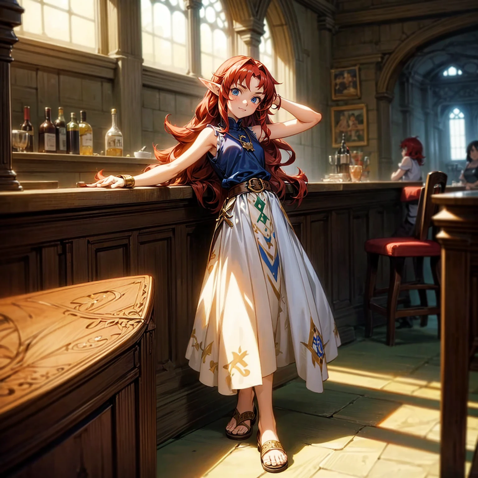 Solo character, full body version, kid girl, (elf), blue eyes, red color hair, long Curly hair, sleeveless t-shirt , long skirt, sandals, indoor, bar, village, medieval, standing gesture, detailed background, detailed clothing, detailed hair, (Makoto shinkai style art), happy eyes 