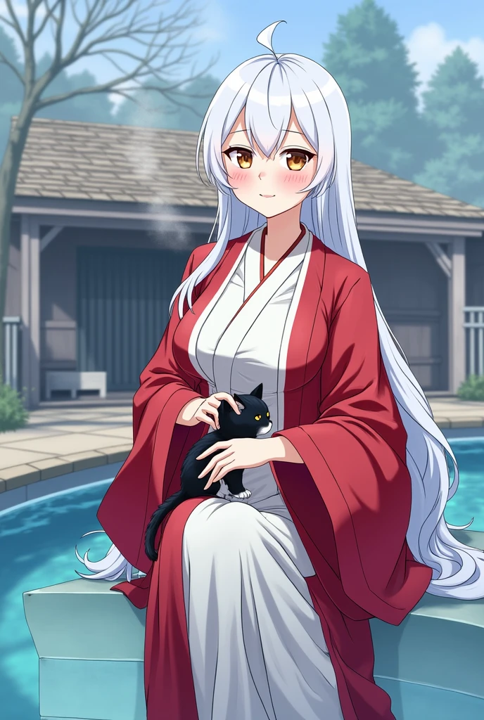 1 girl(masterpiece,top quality,best quality,official art,Beauty and aesthetics:1.2),white hair,brown eyes,long hair,big sister,tall figure,enchanted,enchanting,Flushed complexion, playful expression while Blushing, super gigantic breasts,Breasts larger than the head,Red and white kimono, clogs,Off the shoulders,detailed cleavage,Sitting on the stone steps by the water of a hot spring, steam over the water, thigh exposed, A small black and white kitten is on her lap as she pets it.