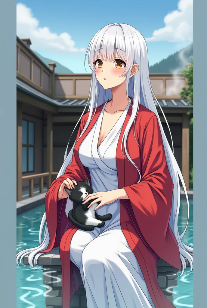 1 girl（masterpiece，top quality，best quality，official art，Beauty and aesthetics：1.2），white hair，brown eyes，long hair，big sister，tall figure，enchanted，enchanting，Flushed complexion， playful expression while Blushing, super gigantic breasts，Breasts larger than the head，Red and white kimono, clogs，Off the shoulders，detailed cleavage，Sitting on the stone steps by the water of a hot spring, steam over the water, thigh exposed, A small black and white kitten is on her lap as she pets it.