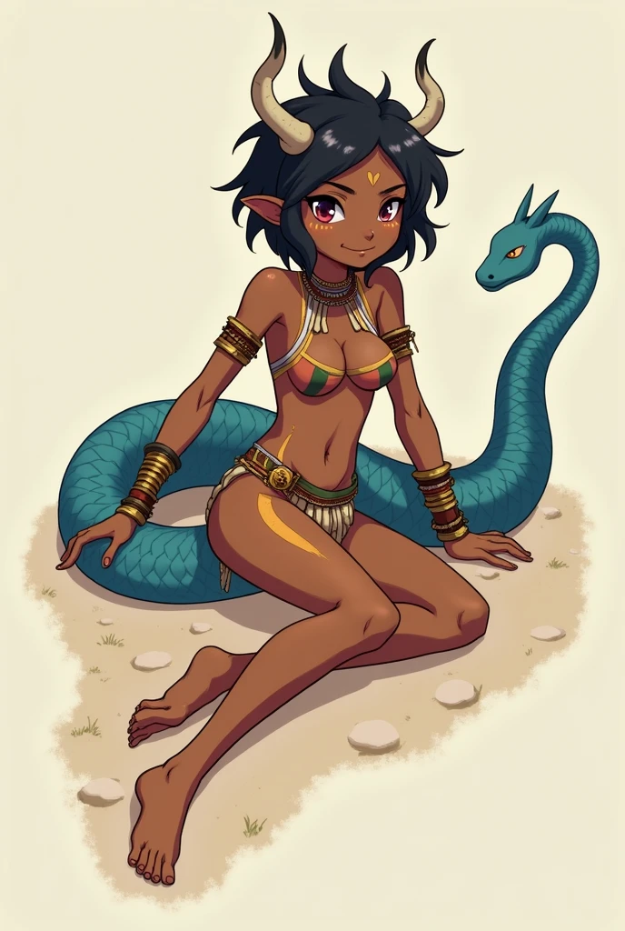 tall girl, slim, blue snake tail, little blue horns, brown skin, and some multicoloured scales. short hair. anime style, cartoon style, Digital art, high detail face, tan lines. Clean and delicate face. Friendly face, whole body. lying on the ground, relaxed pose, laziness. tribal clothing, short skirt, bare legs, soft skin, bone ornaments, Gold bracelets and accessories, simple background.