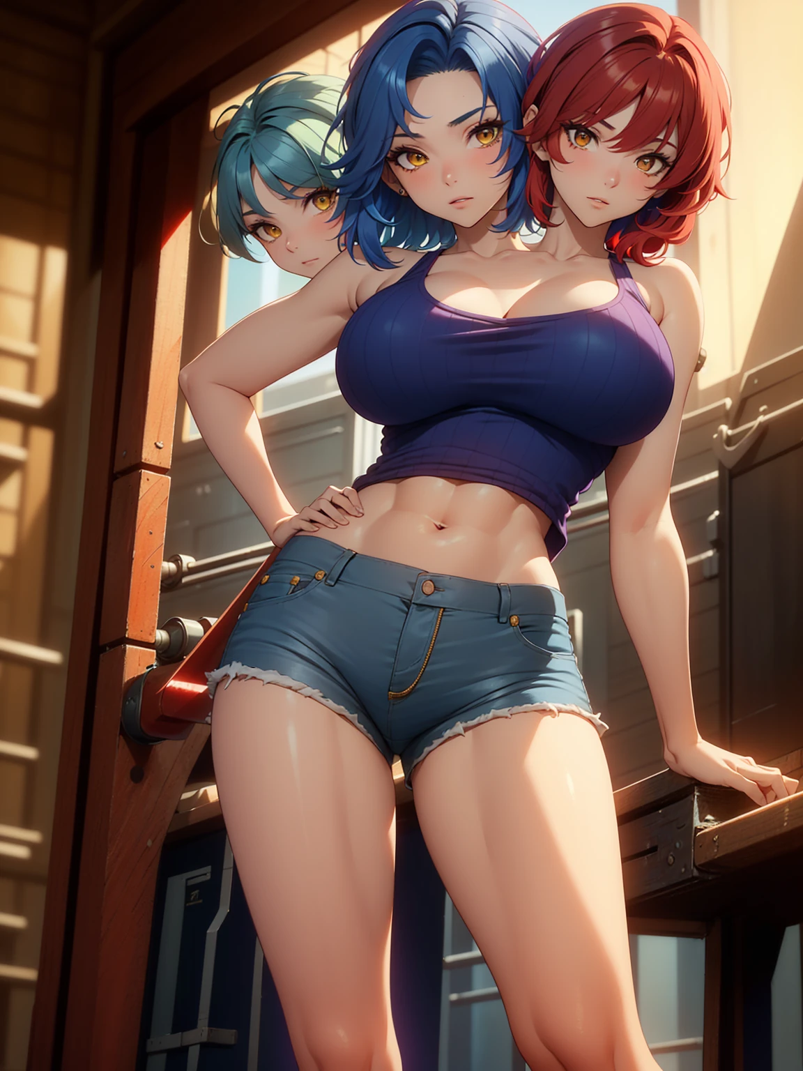 (masterpiece),(ultra-detailed), (high quality), (high resolution), (best quality:1.5, highres, UHD), highres, absurdo, ultra detail, ultra quality, Ultra resolution, 16k, 1girl, (2heads:1.5), girl with two heads, ((violet tube top)) ((red hair:1.5)), ((blue hair:1.5)), ((different hair colors:1.5)), (shorts with extra pockets), casual outfit with yellow patterns, sexy proportions, (exposed midriff), thighs, Beautiful girl with accentuated slender abs, ((seductive posture)), ((long ponytails)) ((different hairstyles)), different haircuts, golden yellow eyes,