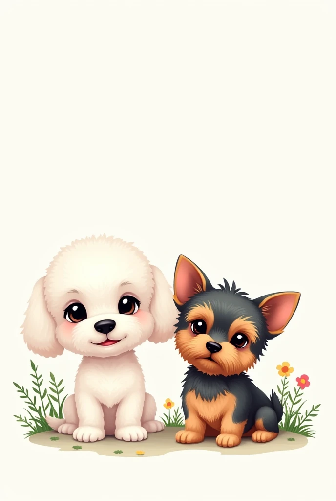 Prompt for illustration:

    styled: Chibi Characters:
        Little puppies:
            White Poodle with Black Eyes.
            Yorkshire with short, bristly hair and erect ears. Brown fur with some black and gray. She is a little smaller than the poodle.
    Scenario: White background with subtle nature elements, like green leaves, small shrubs and maybe some flowers.