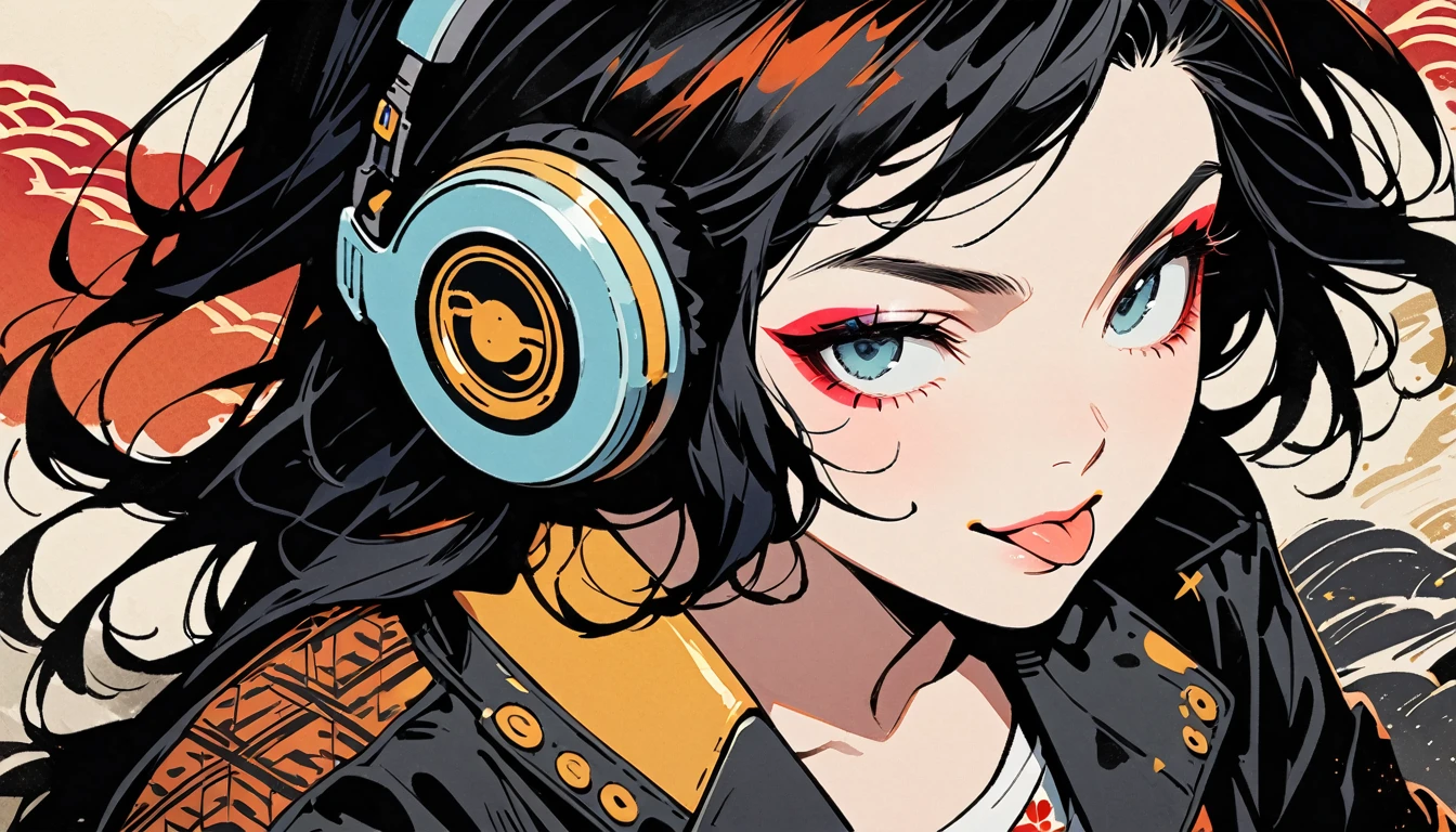 (((Ink Painting))), (((from above))), (((1 female))), (((Leather jacket with Japanese patterns))), (((Wink, Sticking out tongue))), (((Very flashy makeup))), Japanese style headphones, face close-up, front view, Japan人の美少女, Black Hair, Delicate and precise, Modern ukiyo-e style,Japan, Droopy eyes, round face, Glare, Fuller lips, vivid color