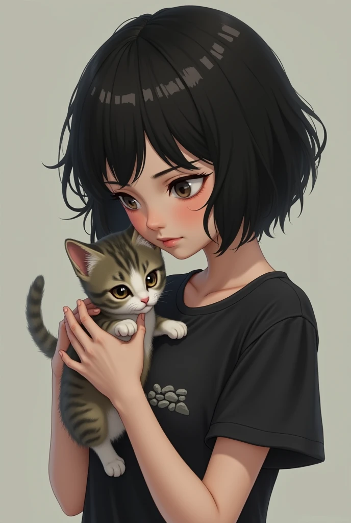 A melancholic-looking 3D girl, with short, wavy hair, black in color. Her skin is fair and she wears a black short-sleeved shirt with a stone pattern.. with a thoughtful expression. She is holding an American Shorthair kitten..