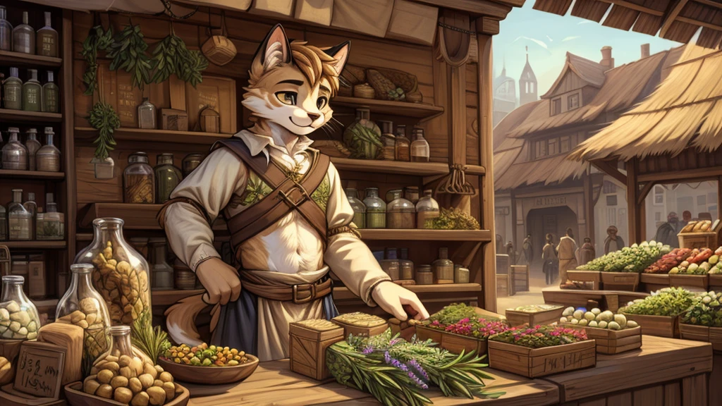 (very detailed illustration: 1.2), best quality, masterpiece, solo, natural lighting, a young cat boy, wearing medieval era merchant clothes, he has fur all over his body, his fur is brown with white, he has a dagger on his right waist, he is in his own market stall, he is in a big city, he sells medicinal herbs at his stand.