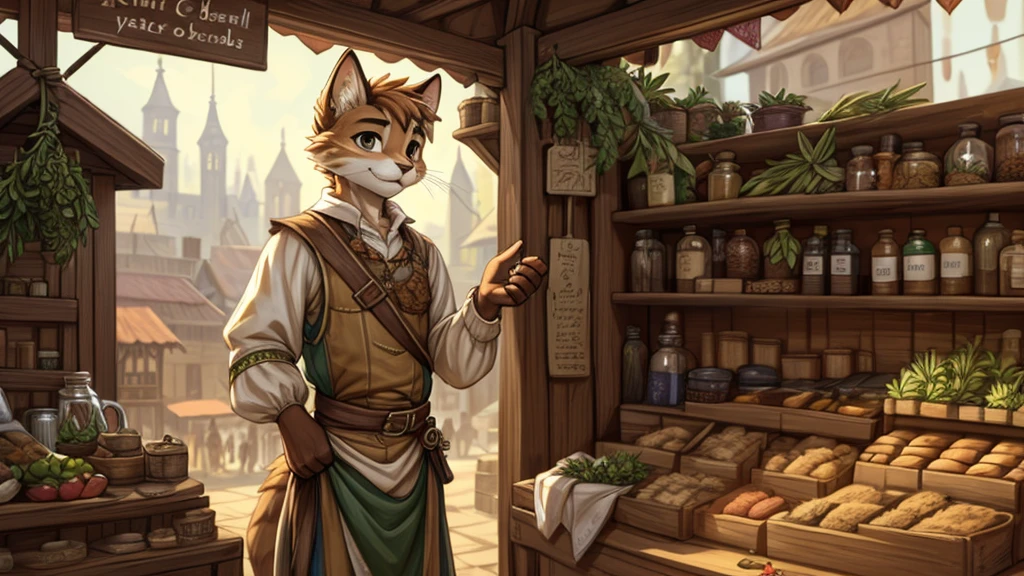 (very detailed illustration: 1.2), best quality, masterpiece, solo, natural lighting, a young cat boy, wearing medieval era merchant clothes, he has fur all over his body, his fur is brown with white, he has a dagger on his right waist, he is in his own market stall, he is in a big city, he sells medicinal herbs at his stand.