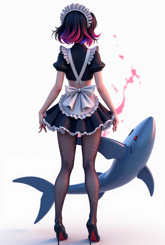 ellen joe, black hair, colored inner hair, multicolored hair, (red eyes:1.3), red hair, short hair, two-tone hair, apron, black pantyhose, black shirt, black skirt, ear piercing, fins, fish tail, maid, maid apron, maid headdress, pantyhose, piercing, puffy short sleeves, puffy sleeves, shark girl, shark tail, shirt, short sleeves, skirt, tail, two-tone hair, wrist cuffs, Zenless Zone Zero, cg game, back facing, detailed ass, back view, ripped pantyhose, simplified clothing, sexy, dinamic pose, white background