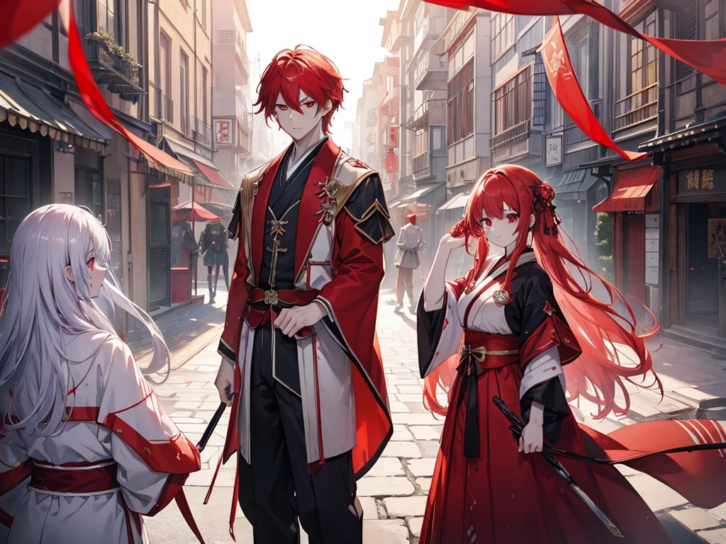 ((MasterPiece, Ultra High Quality, Isekai Anime Style)) A clan composed of men and women with translucent white skin, blood-red eyes, and dark red and blood-red hair. They wear traditional red Japanese kimons with a red ribbon. The clan members have a proud and arrogant look.