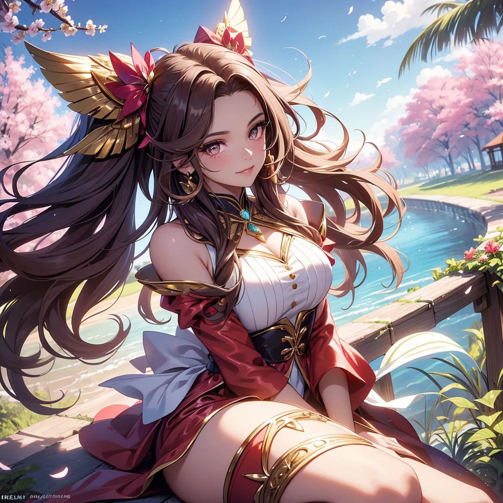 (best quality,4k,8k,highres,masterpiece:1.2),ultra-detailed,(realistic,photorealistic,photo-realistic:1.37),acrylic painting,beautiful Brazilian model in a red outfit with downy hair,beautiful Brazilian model with extremely colorful brown hair and detailed facial features,beautiful Brazilian model standing in a beautiful garden surrounded by a starry sky,beautiful Brazilian model wearing a vibrant outfit,beautiful Brazilian model with intricate accessories,cat ears, ,beautiful Brazilian model with long flowing twintails,beautiful Brazilian model with bright brown eyes and rosy lips,beautiful Brazilian model with a joyful expression,beautiful Brazilian model in a dynamic pose with cherry blossoms falling around her,beautiful Brazilian model surrounded by colorful flowers and butterflies,beautiful Brazilian model's outfit adorned with cute bows and lace details red and gold,beautiful Brazilian model with an enchanting smile,beautiful Brazilian model with soft, pastel-colored shading,beautiful Brazilian model with a magical glow illuminating her,beautiful Brazilian model in a picturesque setting with a winding path leading to a magnificent castle,beautiful Brazilian model with a fairytale-like background,beautiful Brazilian model with a soft, dreamy atmosphere,beautiful Brazilian model with a subtle bokeh effect,beautiful Brazilian model standing under a sunny sky,beautiful Brazilian model with a warm, golden sunset in the background,beautiful Brazilian model surrounded by twinkling stars and colorful nebulae,creating an ethereal and captivating artistic masterpiece, sitting down, facing camera, portrait, blouse uniform outfit