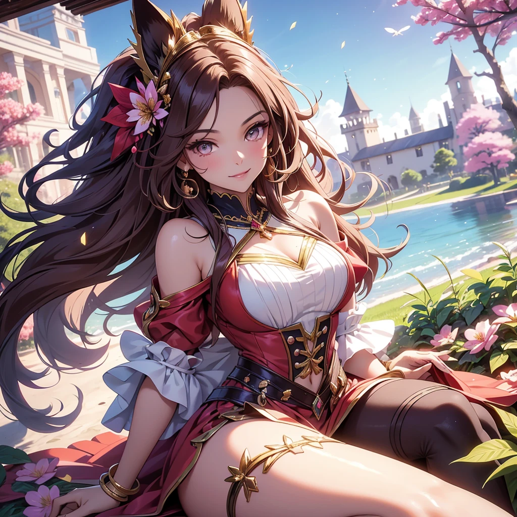 (best quality,4k,8k,highres,masterpiece:1.2),ultra-detailed,(realistic,photorealistic,photo-realistic:1.37),acrylic painting,beautiful Brazilian model in pink outfit with downy hair,beautiful Brazilian light skined model with extremely colorful brown hair and detailed facial features,beautiful Brazilian model standing in a beautiful garden surrounded by a starry sky,brown hair,beautiful Brazilian model with intricate accessories,cat ears, ,beautiful Brazilian model with long flowing twintails,beautiful Brazilian model with bright brown eyes and rosy lips,beautiful Brazilian model with a joyful expression,beautiful Brazilian model in a dynamic pose with cherry blossoms falling around her,beautiful Brazilian model surrounded by colorful flowers and butterflies,beautiful Brazilian model with an enchanting smile,beautiful Brazilian model with soft, pastel-colored shading,beautiful Brazilian model with a magical glow illuminating her,beautiful Brazilian model in a picturesque setting with a winding path leading to a magnificent castle,beautiful Brazilian model with a fairytale-like background,beautiful Brazilian model with a soft, dreamy atmosphere,beautiful Brazilian model with a subtle bokeh effect,beautiful Brazilian model standing under a sunny sky,beautiful Brazilian model with a warm, golden sunset in the background,beautiful Brazilian model surrounded by twinkling stars and colorful nebulae,creating an ethereal and captivating artistic masterpiece, facing camera, up close, face only, suit dress outfit.