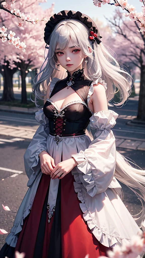 16K Description: masterpiece, best quality, intricate, long hair, silver hair, red eyes, dress, frills, gothic, arms crossed behind back, outdoor, cherry blossom, depth of field
outdoors, cherry blossoms, depth of field, outdoor