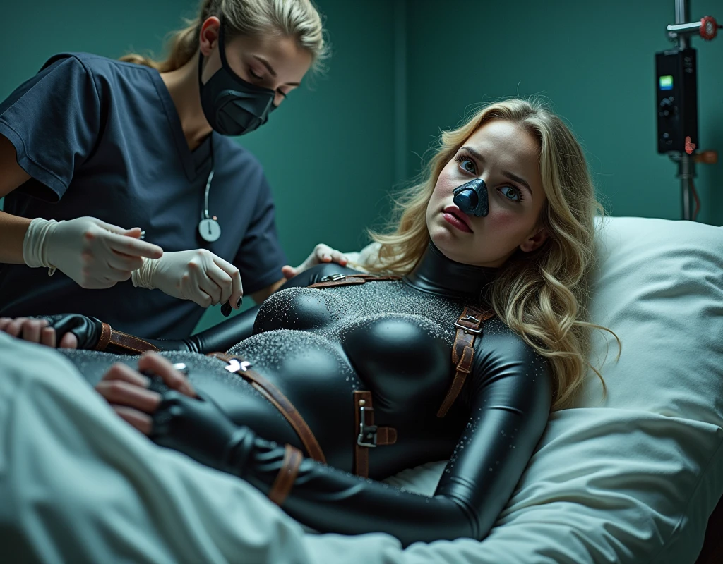 (highly detailed) Hot young tennage girl is wearing dark matte cherry winter latex suit with black elements suit is covered in sweat that reflect the light of the sun she has blond wavy hair freckles and her ass is bigger her brest is big HD real photo 8K she is fit her waist is slim she is looking very young her brest is very big she curves her ass on her waist is belt her hair is covered in snow winter she also wears tight dark cherry climbing harness around her ass her face is looking very young and thin snow is lying on every part of her suit Snow is on her ass and brest she is looking young and happy she is lying on a hospital bed she is in hospital building her arms are tide to a hospital bed she is straped by leather straps to hospital bed her eyes are closed Two Nurses are standing next to her nurses looks the same as girl. Two Nurses are using vibrator on girl body girl is wearing on her face and nose pilot oxygen girl is straped to hospital bed by leather straps nurse is wearing pilot oxygen maskon her face and nose that lookes like is conected to pipe girl is looking worried and dizzy Two Nurses are looking like she nurse is wearing latex gloves Nurses are wearing full covering pilot oxygen mask Nurses are weairng latex suit Two hot nurses girl is wearing pilot oxygen mask on her face and nose Two nurses are injecting syringe with a needle Nurses are two woman looking like she