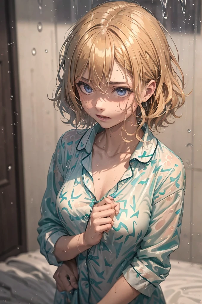 ((Teal coloured pyjama shirt)), 1girl, raining heavily, outside, short caramel-blonde hair sticking to her face, depressed purple eyes, teal coloured pyjama shirt, nighttime, very dark, soaking wet, wet through, wet clothes, almost naked, small breasts, outside at nighttime, in the streets, dark background, dark, very dark night, realistic colour, 1 colour shirt, (patterned pyjamas), soaking wet pyjamas, wet though, dripping wet, hint of nipples, 