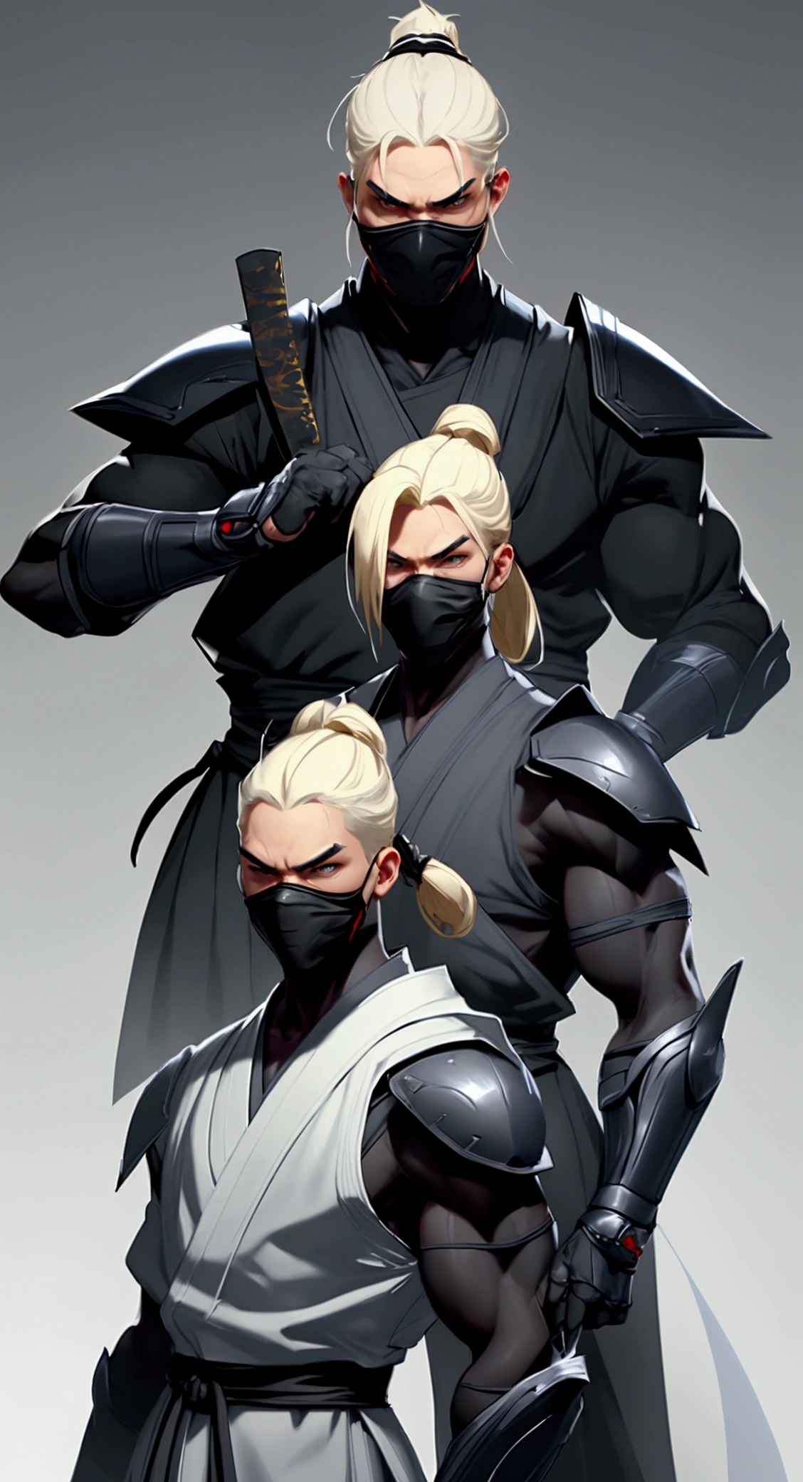 envision a 8k, highres, semi realistic cinematic full body design concept art design sheet of a soft ninja man with a slender muscular body, clean shaved, sleek pale blonde hair, and pale yellow eyes, pale white ninja robes, ninja armor, ((mortal kombat ninja mask)), half face mask, against a dark gray background