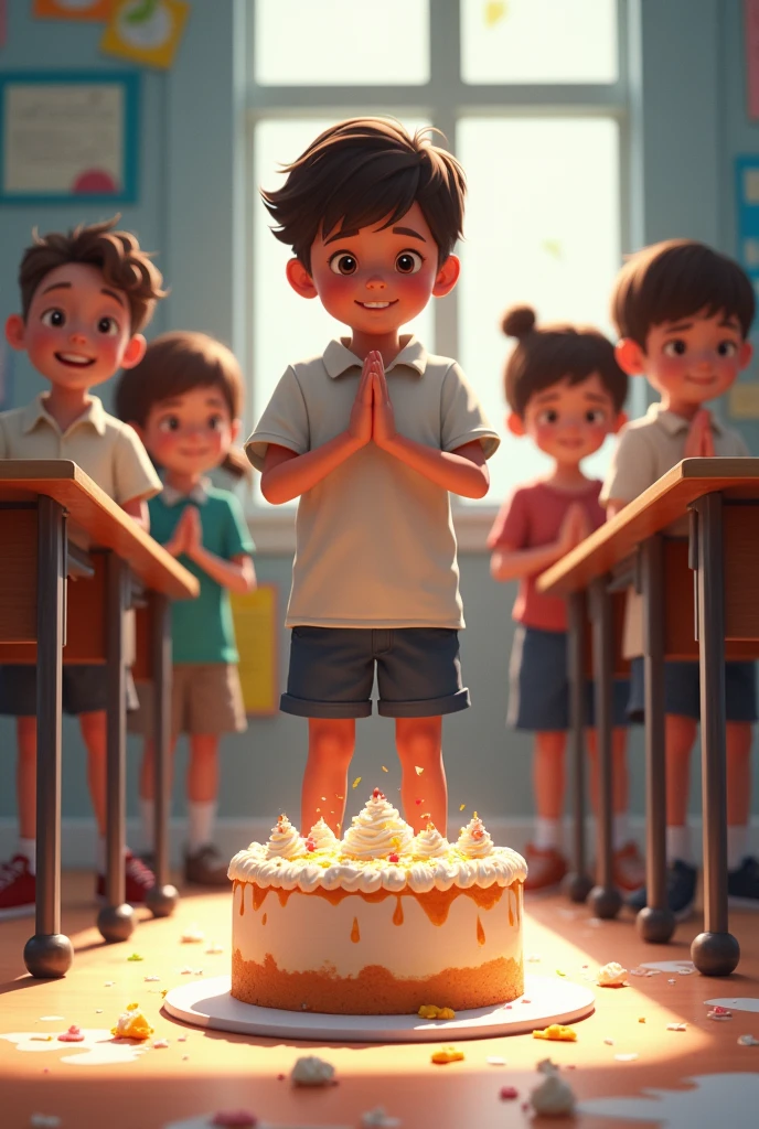 Create an image that conveys respect after young people have played with cake in the classroom  