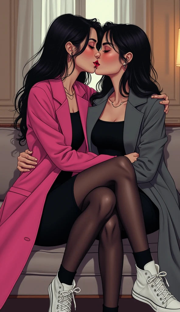 Two young womens, long black hairs, yuri, lesbian

The first young women black eyes wear a pink coat, black shirt, black pencil skirt, black underpants, black tights, white socks, white sneakers high top.

The second young women black eyes wore a grey coat, black shirt, black pencil skirt, black underpants, black tights, white socks, white sneakers high top.

french kiss, lesbian kiss, kissing, hugging, sensual body, closed eyes, sitting on the sofa, cartoon novel, 4K, HD