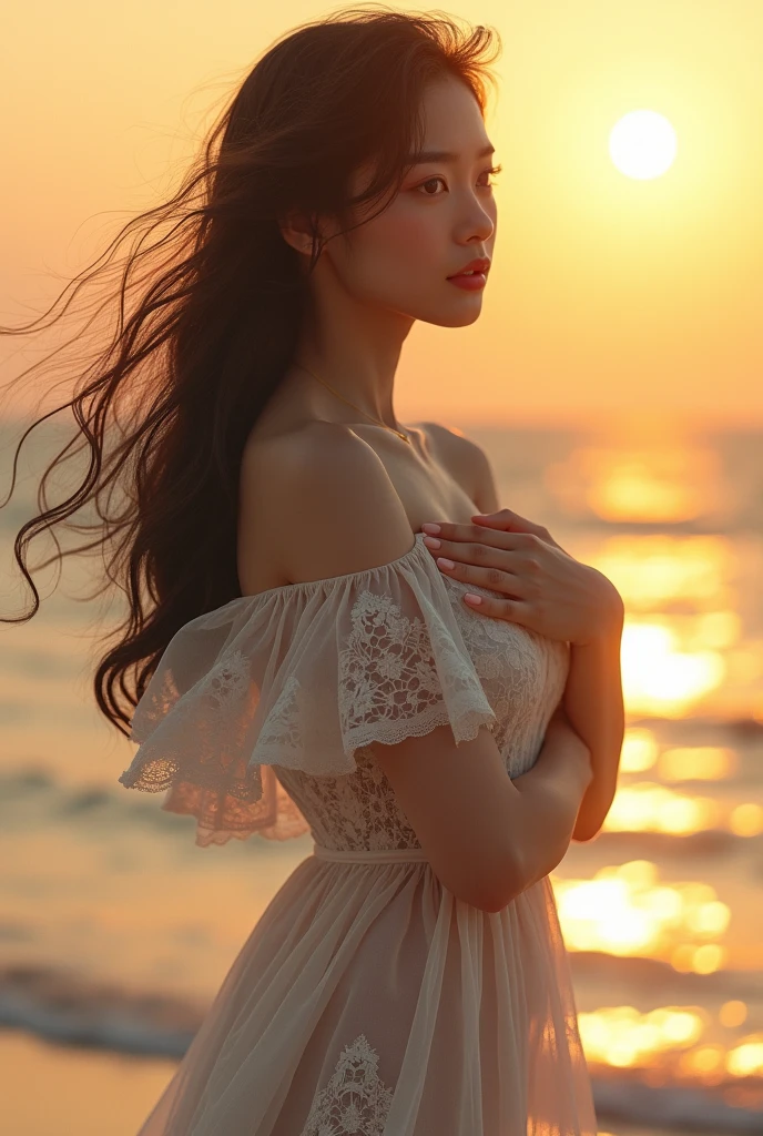 ((bigbreast)),A glamorous Japanese woman in a white lace off-shoulder summer dress, standing on a beach during sunset. She gazes wistfully at the distant ocean, her hand gently resting on her chest. The wind lightly ruffles her hair and dress, creating a serene and melancholic atmosphere. The golden sky and calm sea are beautifully captured in the background, enhancing the overall mood. Render in ultra-high resolution, capturing intricate details with stunning clarity.